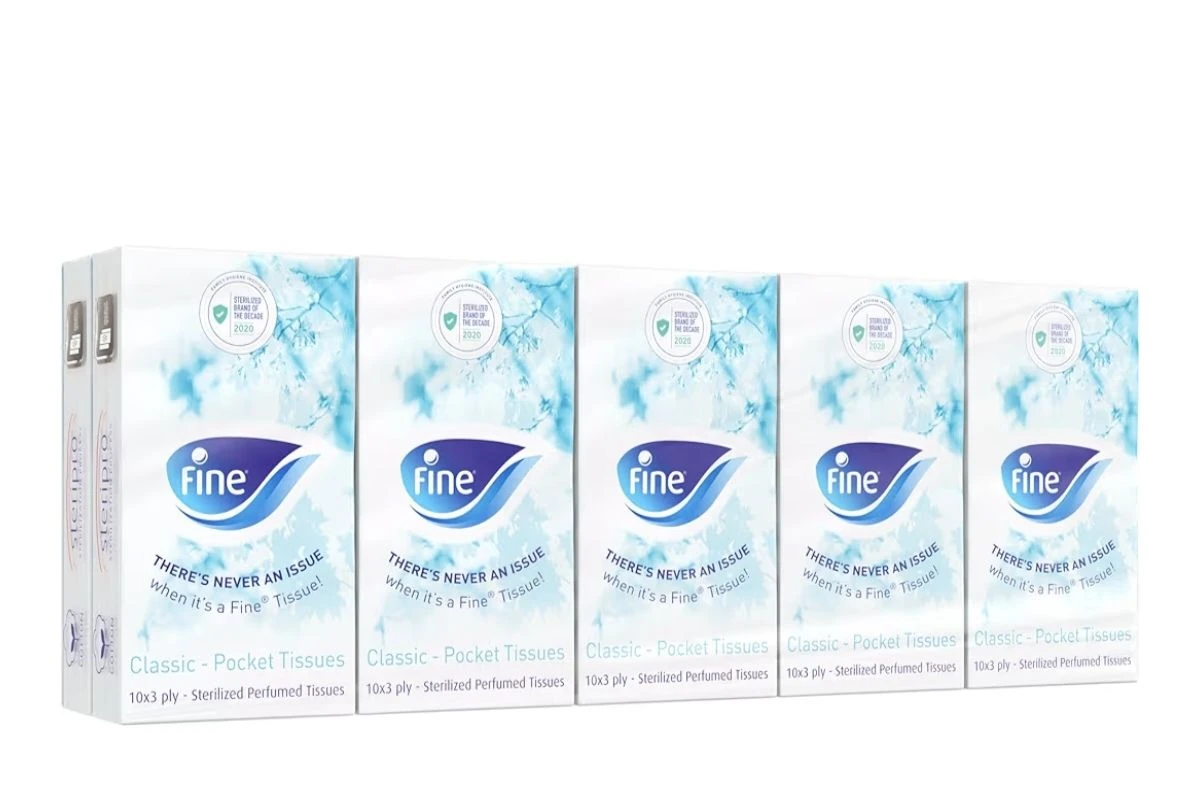 Fine Pocket Facial Tissue, 10 packs of 10 sheets x 3 Ply