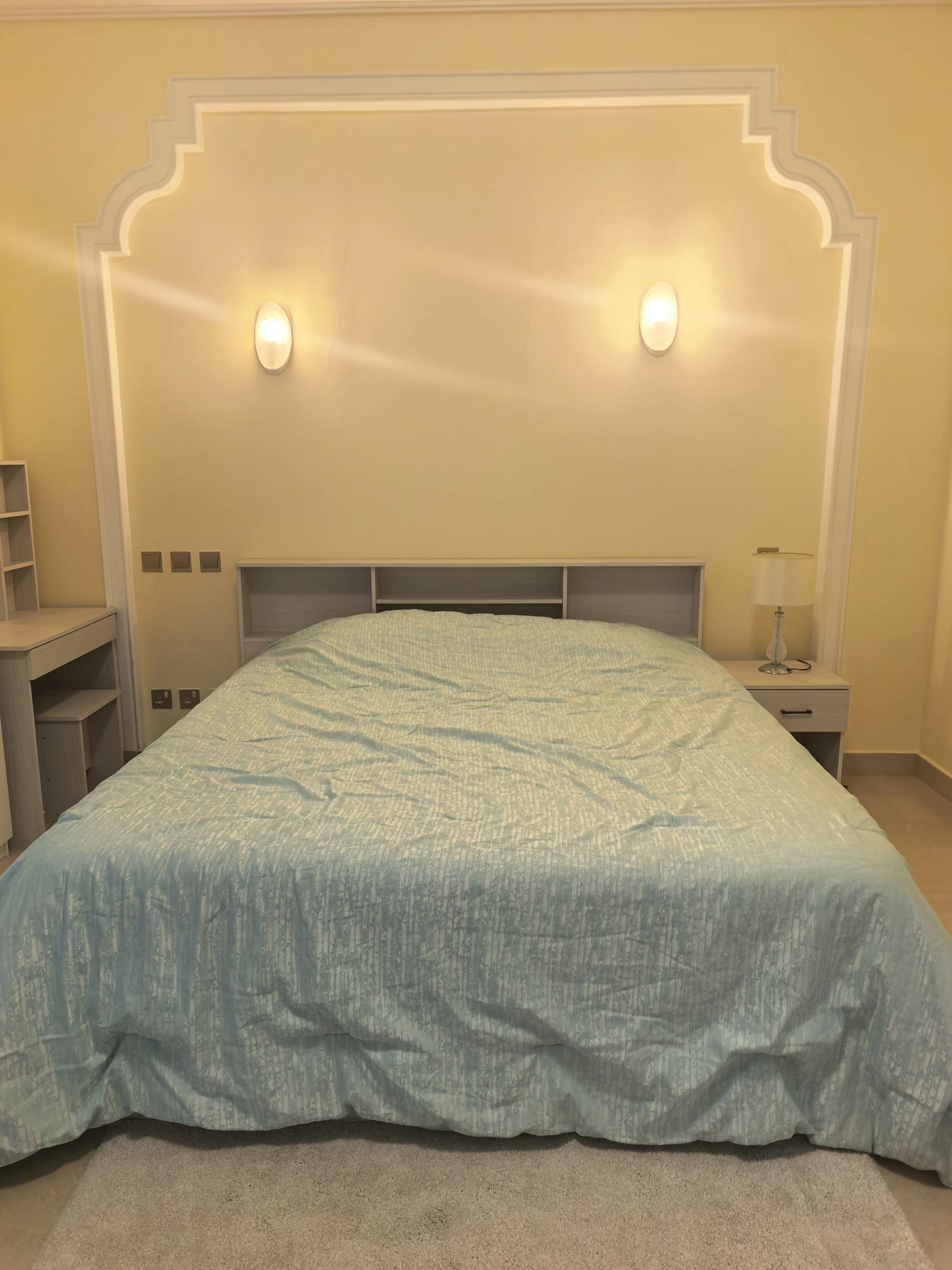 Bed, makeup table, side table, mattress and topper