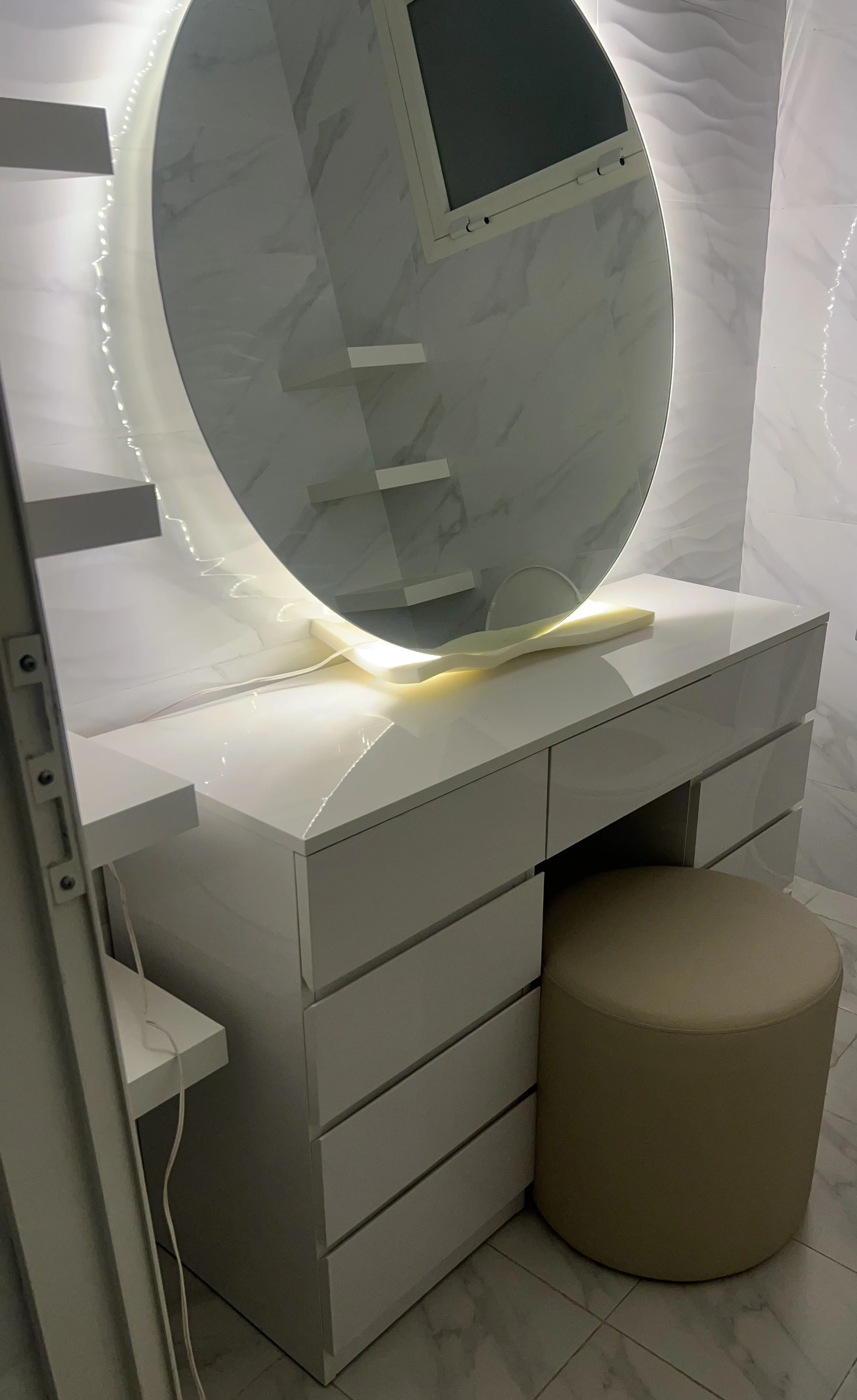 New white high gloss dressing table with large round wall mounted mirror with stool