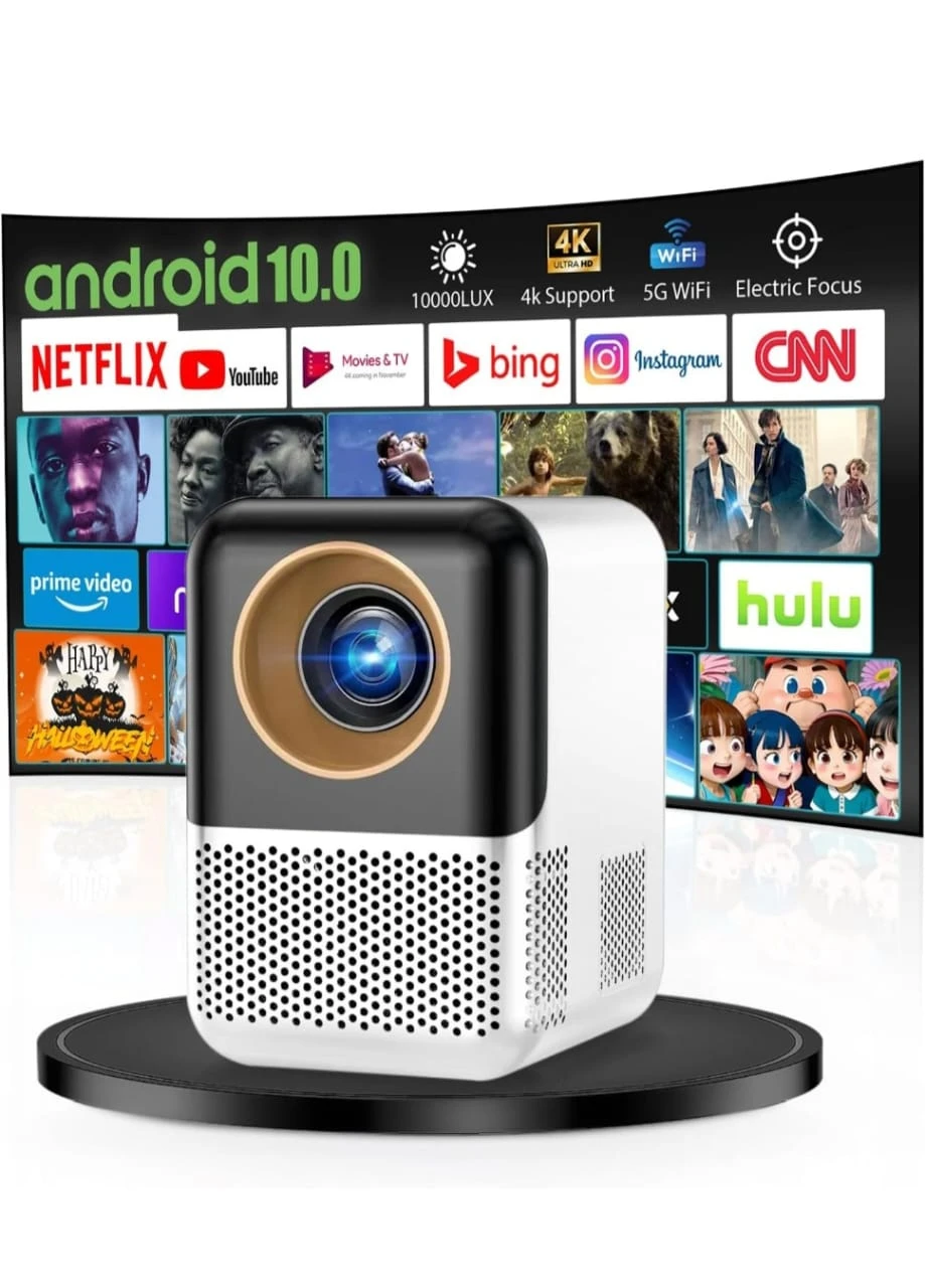 Mini Projector [Android 10.0/Electric focus] with 5G WiFi and BT 5.2,10000LUX Movie Projector,Full HD 1080P Supported Video Projector,home theater X10