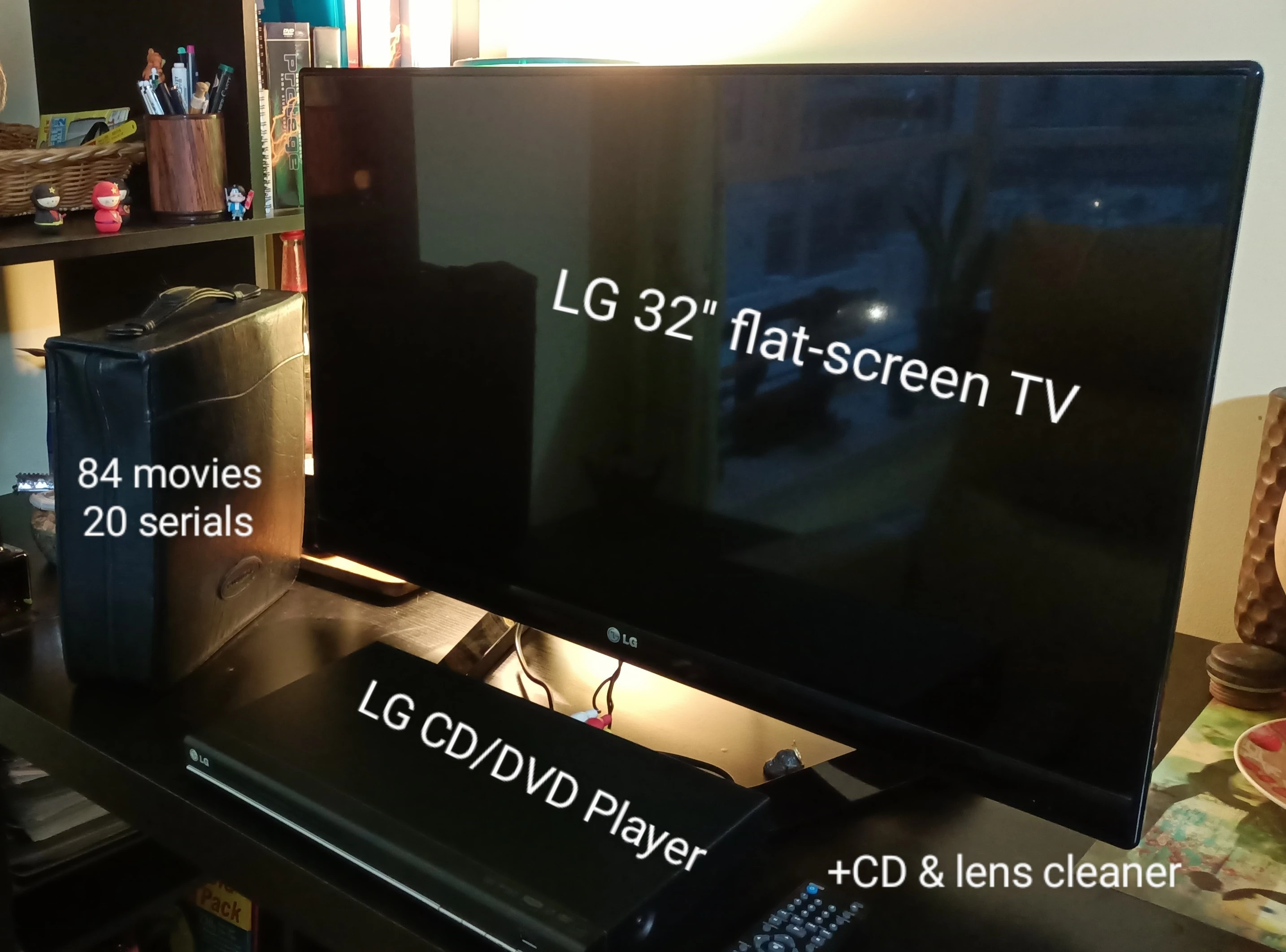 Complete home theater (TV & DVD CD Player, movies, serials, CD & lens cleaner).