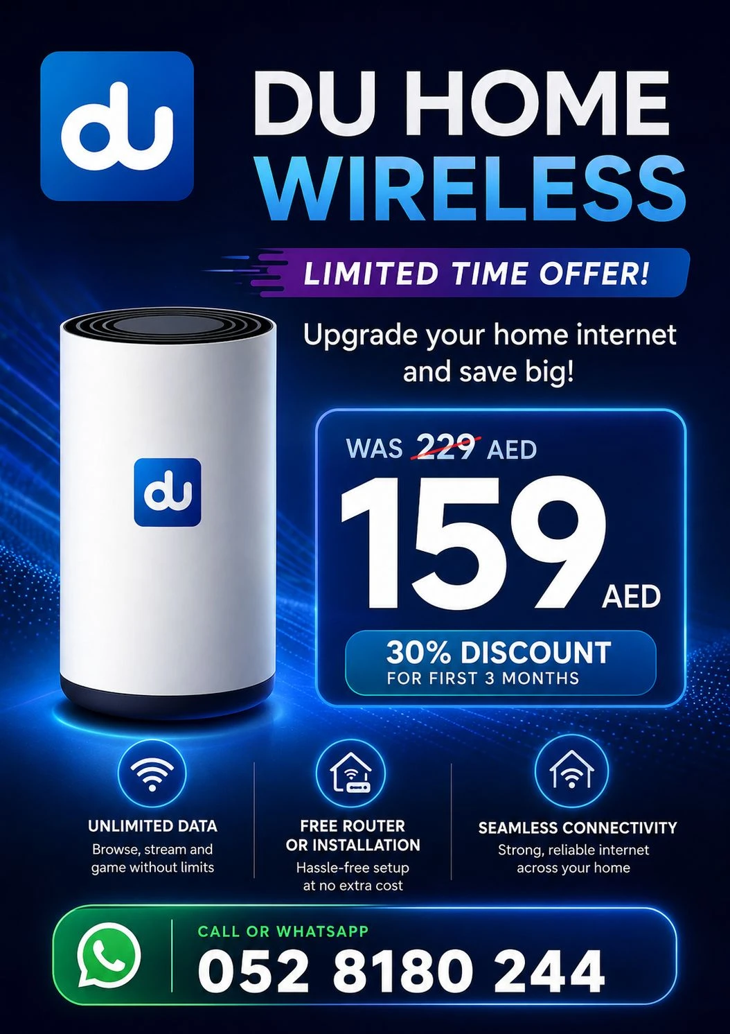 0528180244 call or WhatsApp 
DU home WiFi internet connection all over UAE